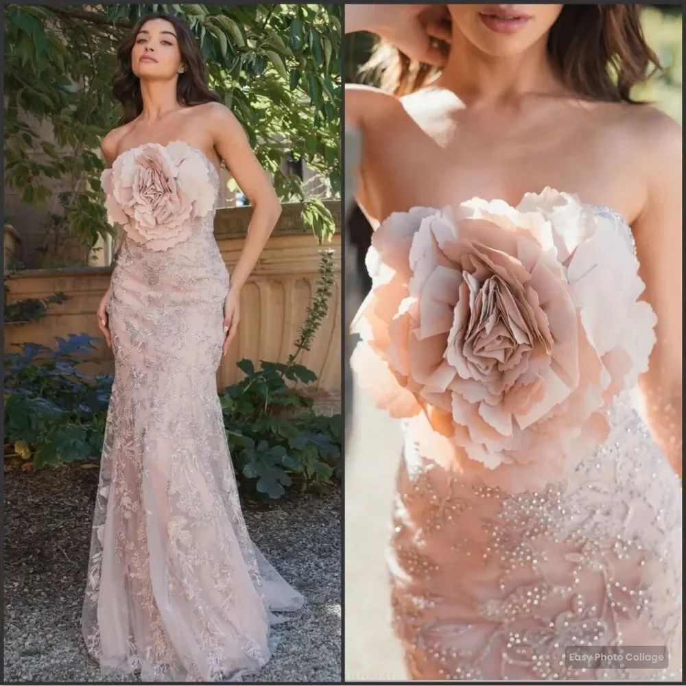 MAC DUGGAL 21036 Pink Strapless Lace Embellished Trumpet Gown With 3D Flower